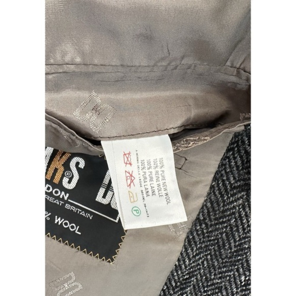 Daks Vtg Tweed‎ Jacket Mens Black 100% Wool Herringbone Blazer Leather Accents - Picture 12 of 14